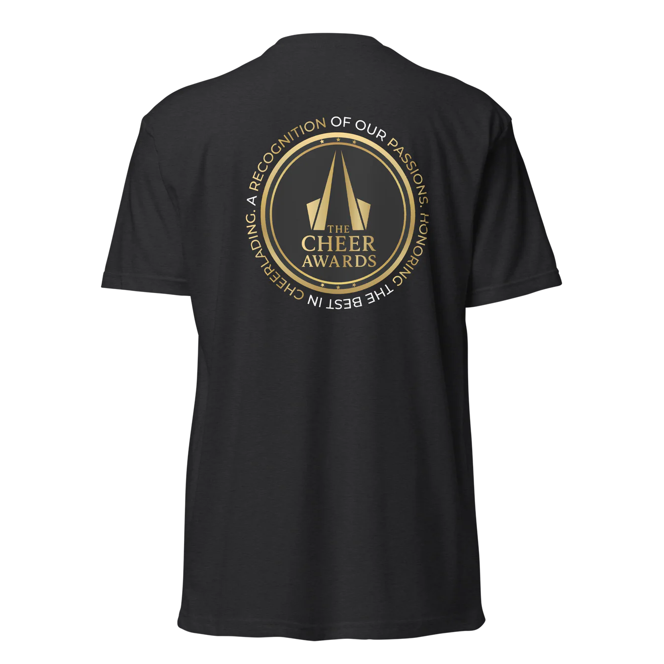 Official The Cheer Awards 2026 black t-shirt — back print with gold commemorative seal
